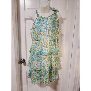 BCBGMaxAzria Blue and Green Animal Print
Tiered Sleeveless Chiffon Midi Dress XL